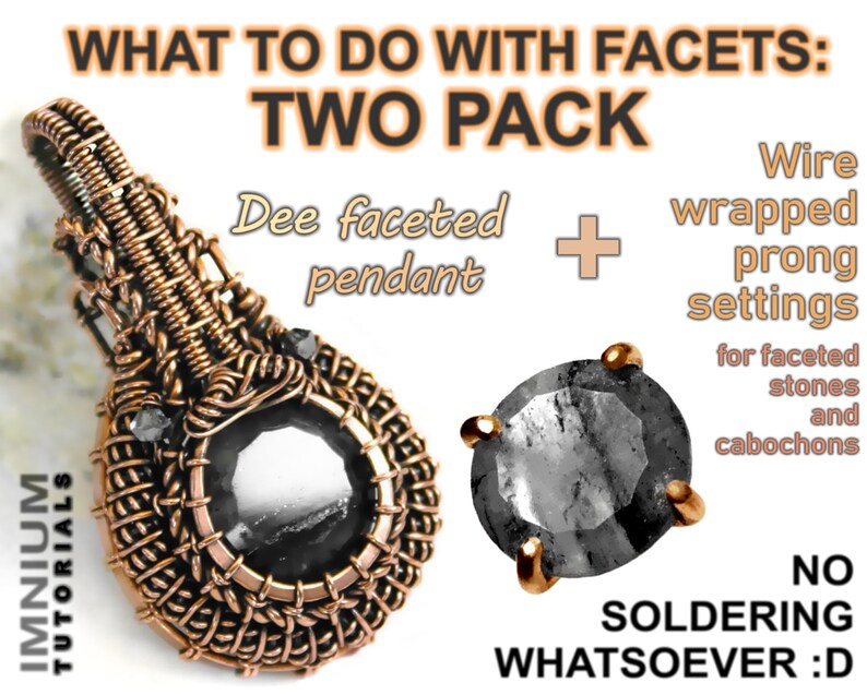 Peut inclure: Deux montures &agrave; griffes en fil m&eacute;tallique pour pierres facett&eacute;es et cabochons. L'image montre un pendentif en fil de cuivre envelopp&eacute; avec une pierre facett&eacute; et une monture &agrave; griffes en fil m&eacute;tallique s&eacute;par&eacute;e. Le texte indique "WHAT TO DO WITH FACETS: TWO PACK Dee faceted pendant + Wire wrapped prong settings for faceted stones and cabochons NO SOLDERING WHATSOEVER :D"