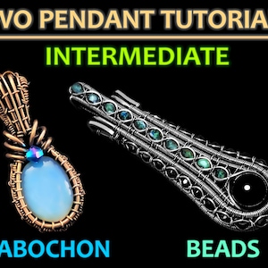 Peut inclure: Deux tutoriels de pendentifs en fil métallique, l'un avec une pierre cabochon et l'autre avec des perles. Les deux pendentifs sont en argent et présentent un design en fil tissé.