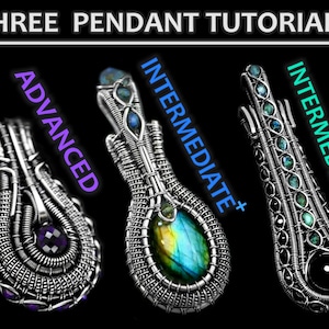 Peut inclure: Image présentant trois tutoriels de pendentifs en fil de fer. Les pendentifs argentés présentent un travail de filigrane complexe et des sertissages de pierres précieuses. Les tutoriels sont étiquetés "Avancé" et "Intermédiaire". Le fond est noir.