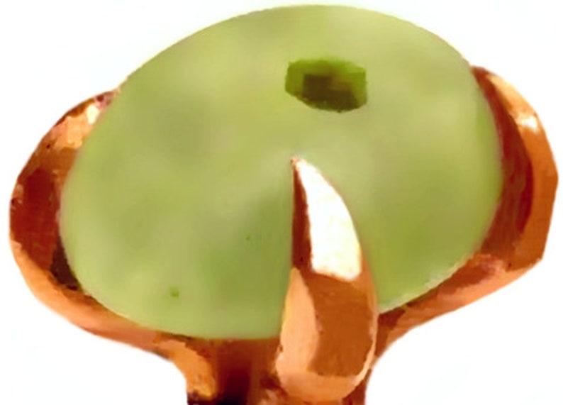 Peut inclure: Un cabochon en verre vert clair avec une monture en cuivre. Le cabochon est serti dans une monture &agrave; griffes avec quatre griffes.