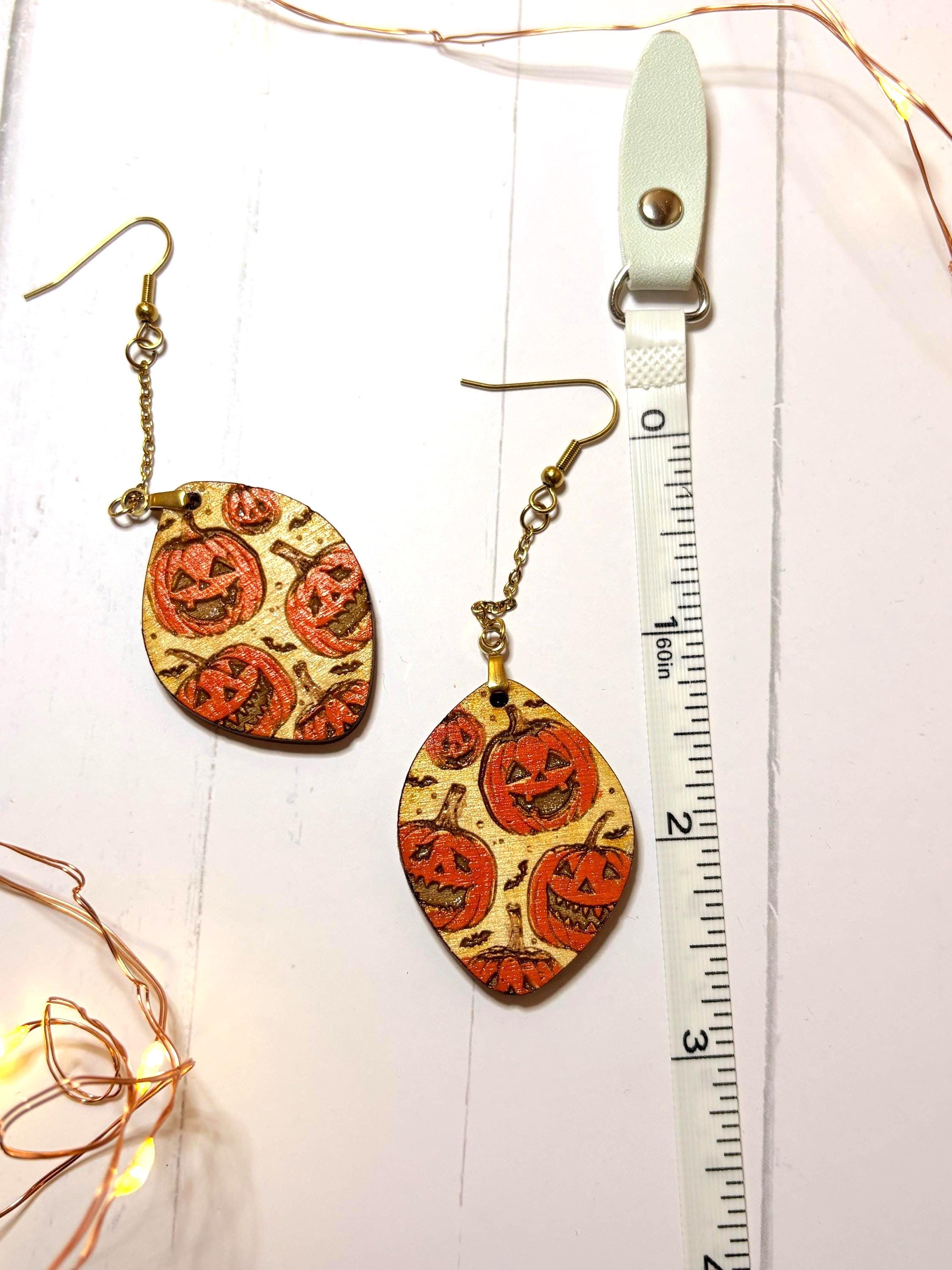Pumpkin Patch Jack O Lantern Teardrop Dangle Earrings | Hand-Painted Autumn Wood Jewelry - Thumbnail 3