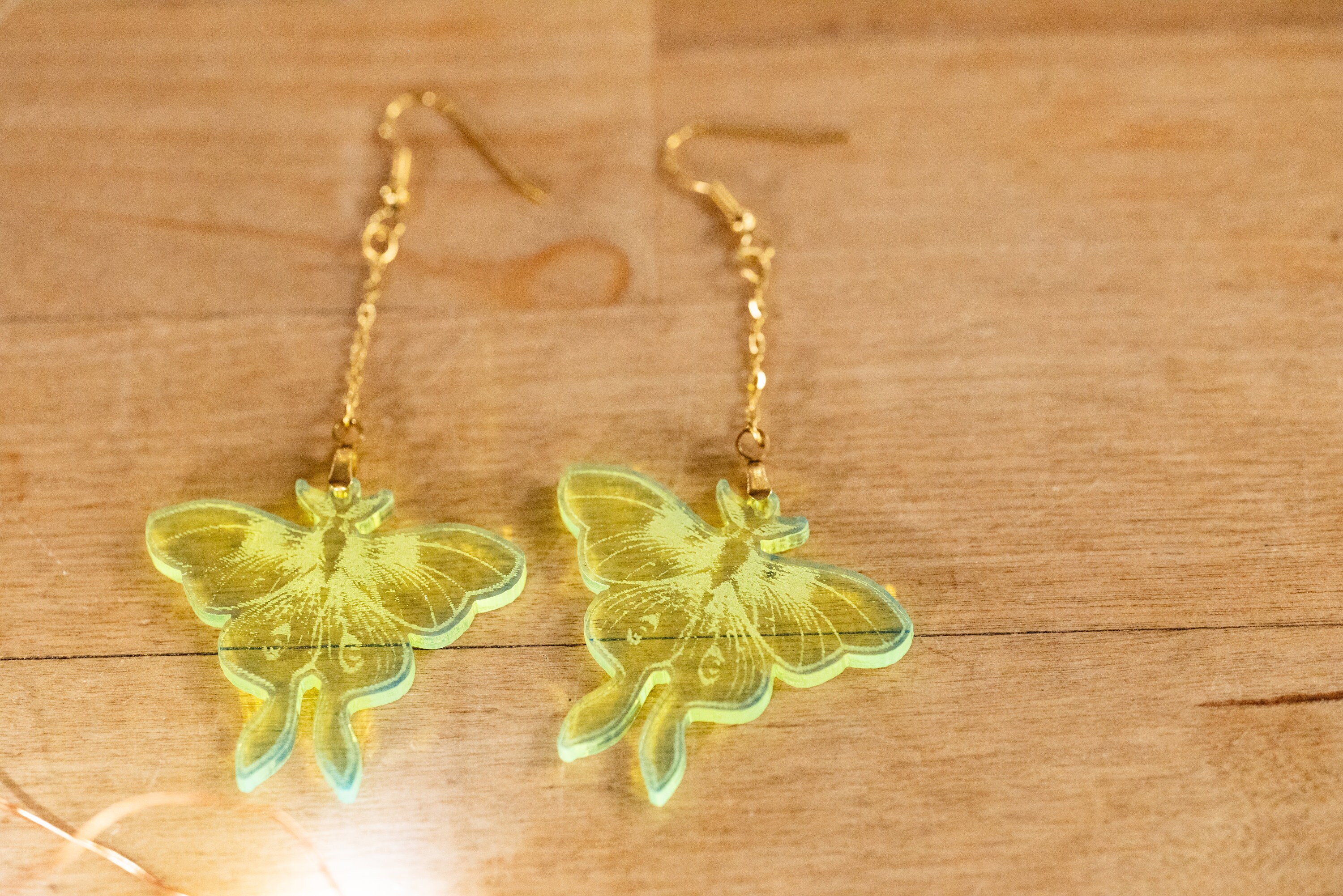 Fluorescent Lunar Moth Earrings: Engraved Plexiglass, Stainless Steel Hooks - Thumbnail 3