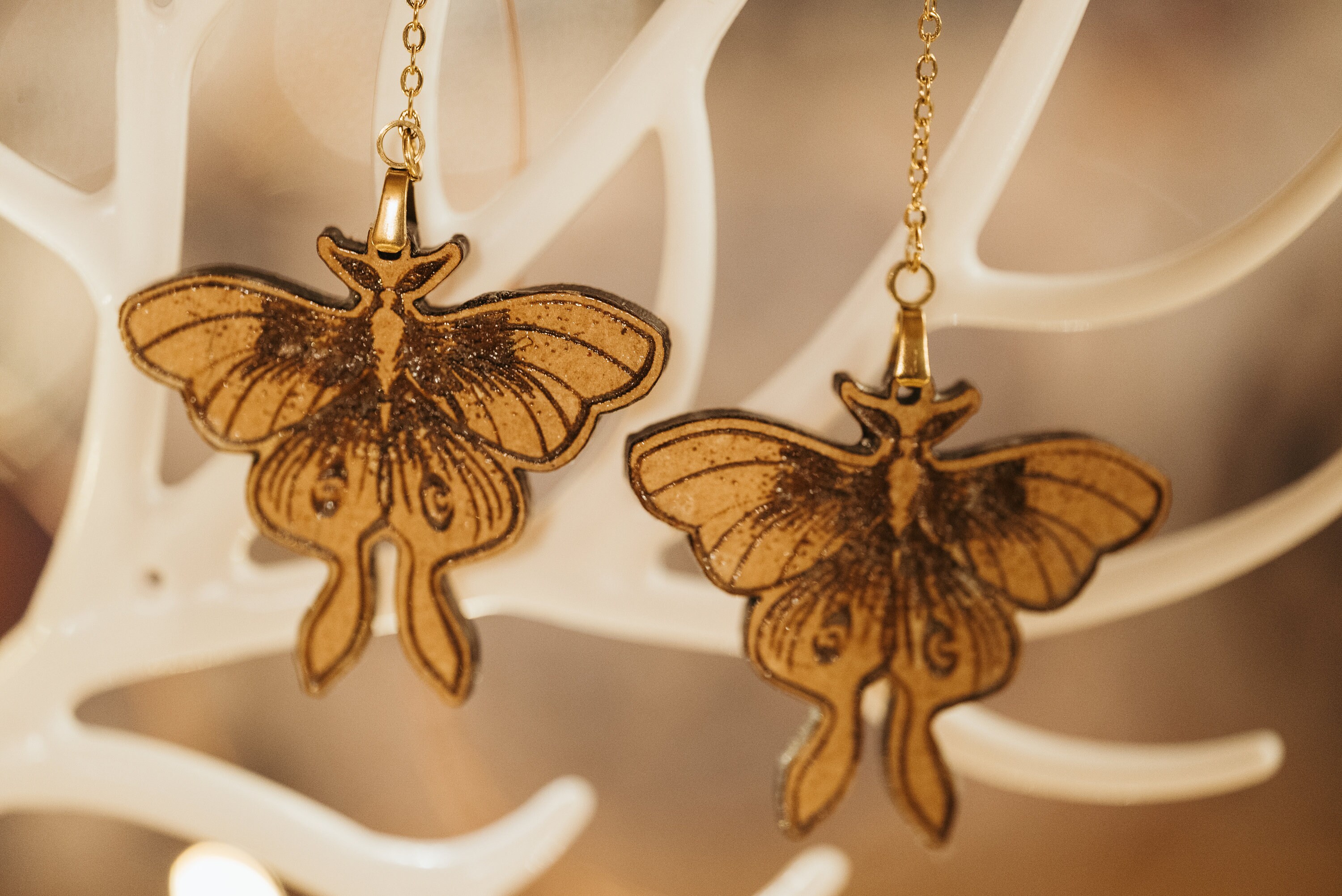 Lunar Moth Earrings: Engraved Wooden Cottagecore Jewelry - Thumbnail 4