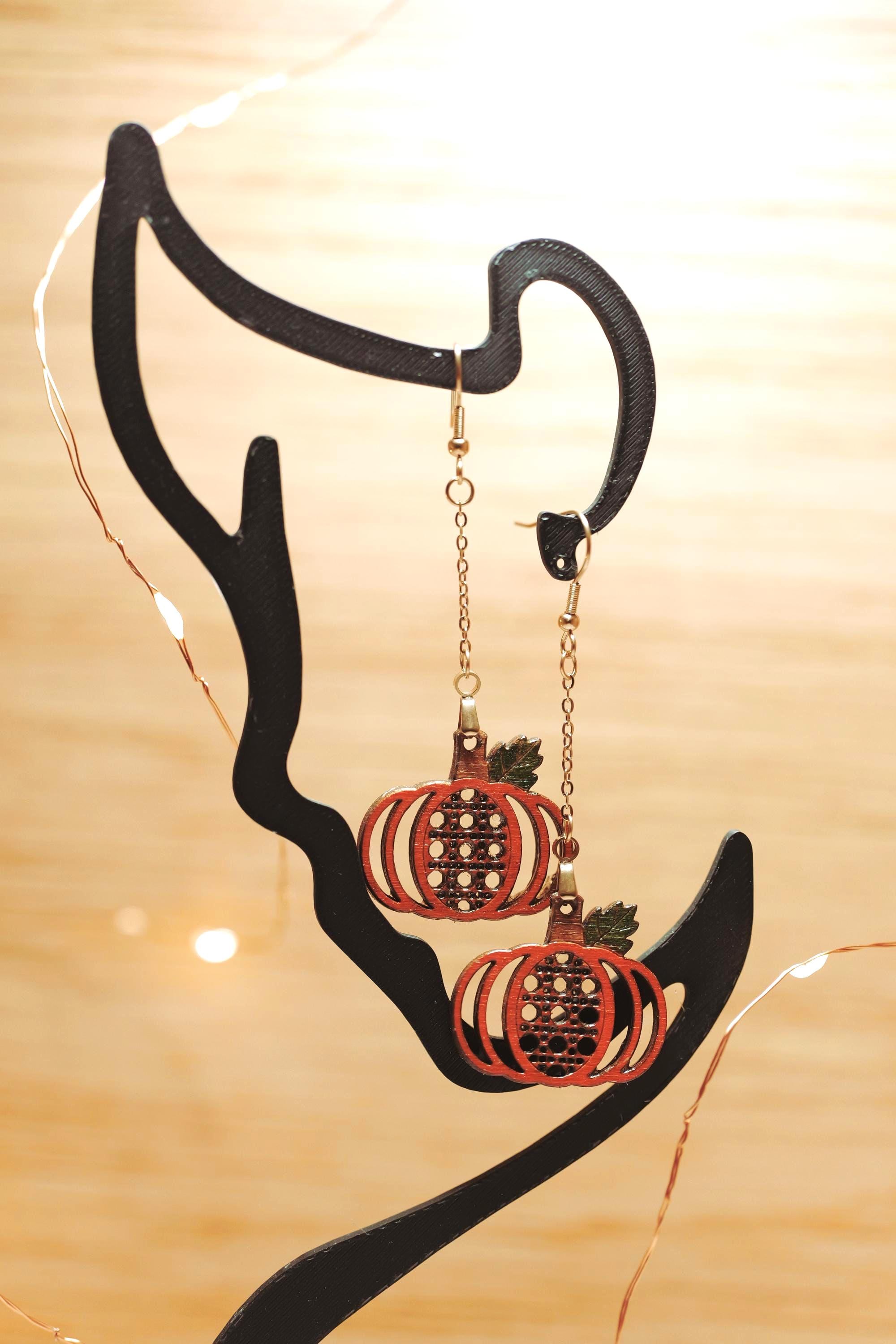 Rattan Style Pumpkin Earrings | Autumn Wood Jewelry with Green Leaf Accent