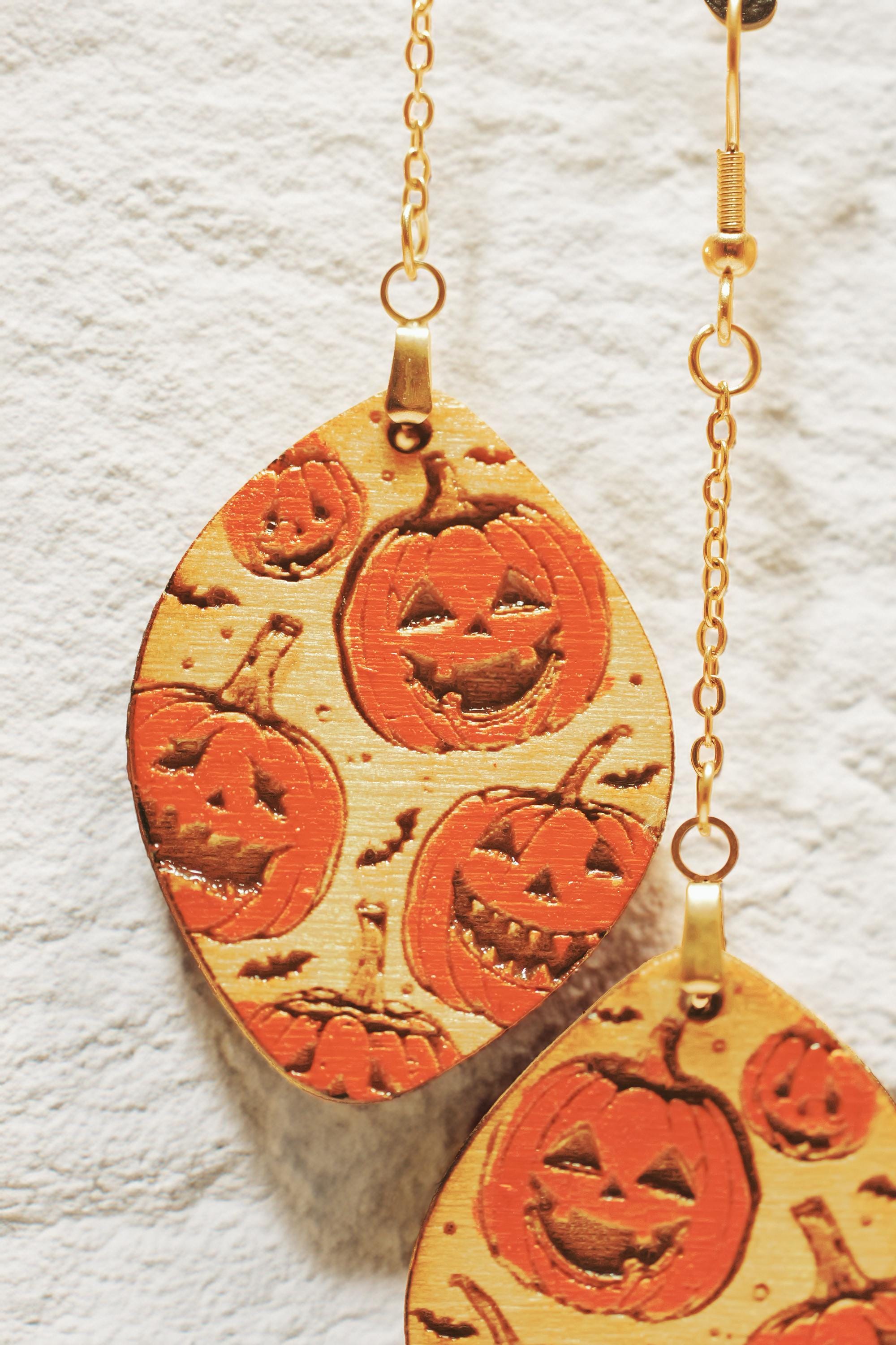 Pumpkin Patch Jack O Lantern Teardrop Dangle Earrings | Hand-Painted Autumn Wood Jewelry