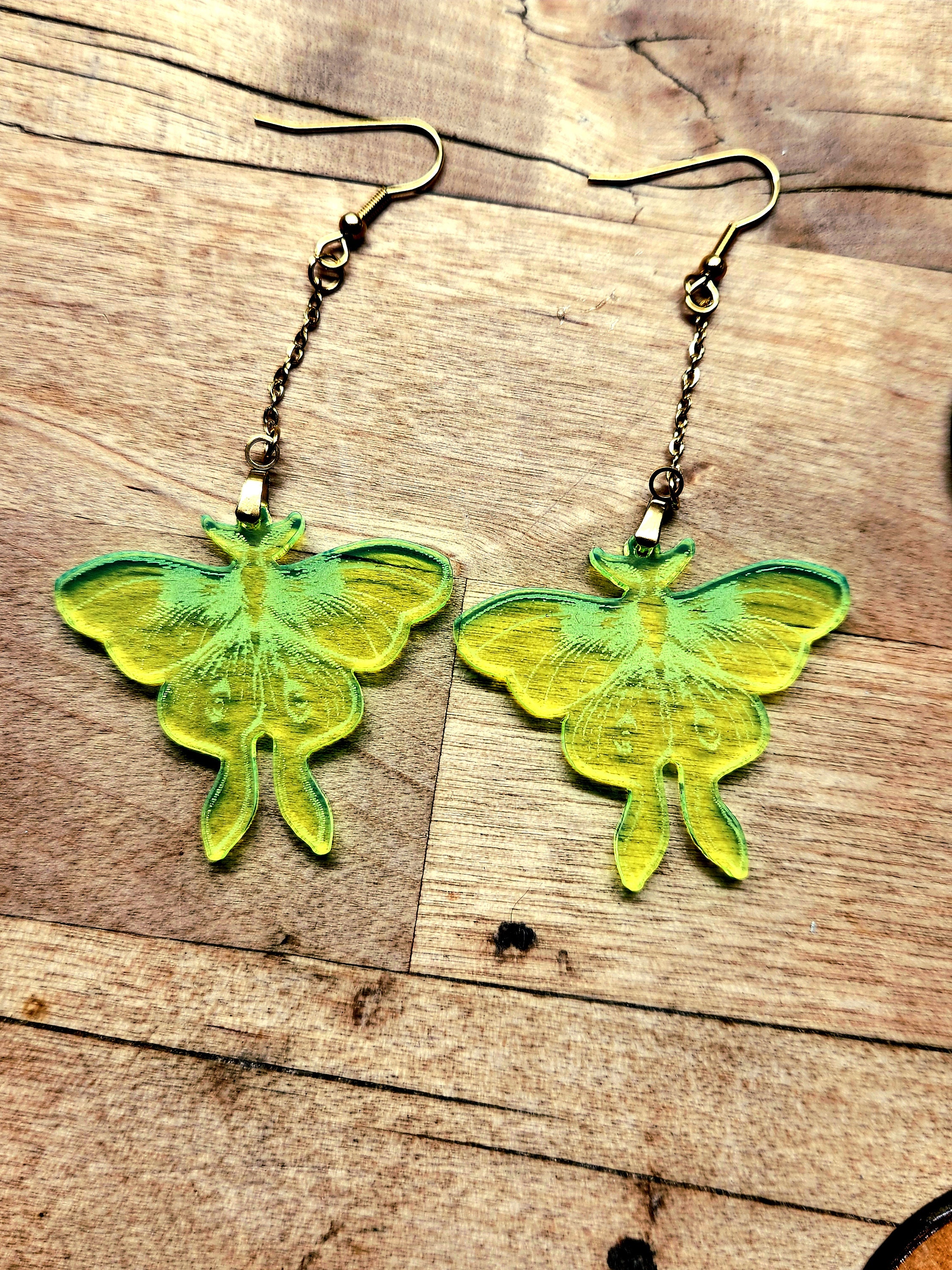 Fluorescent Lunar Moth Earrings: Engraved Plexiglass, Stainless Steel Hooks - Thumbnail 6