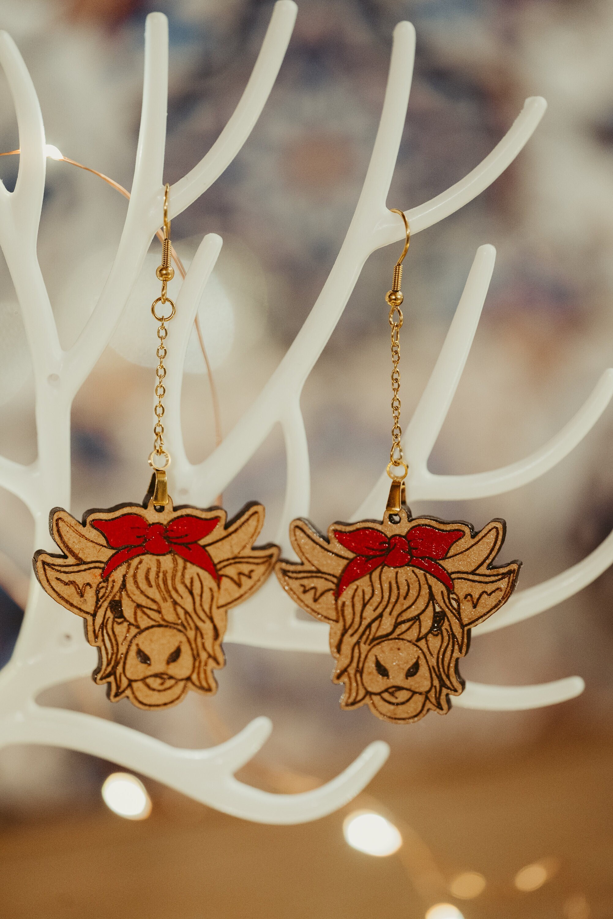 Highland Cow Earrings: Engraved Wood, Cottagecore Style