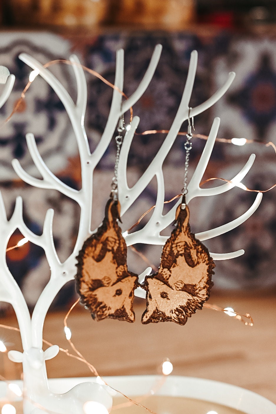 Engraved Possum Earrings: Lightweight Wooden Cottagecore Jewelry - Thumbnail 4