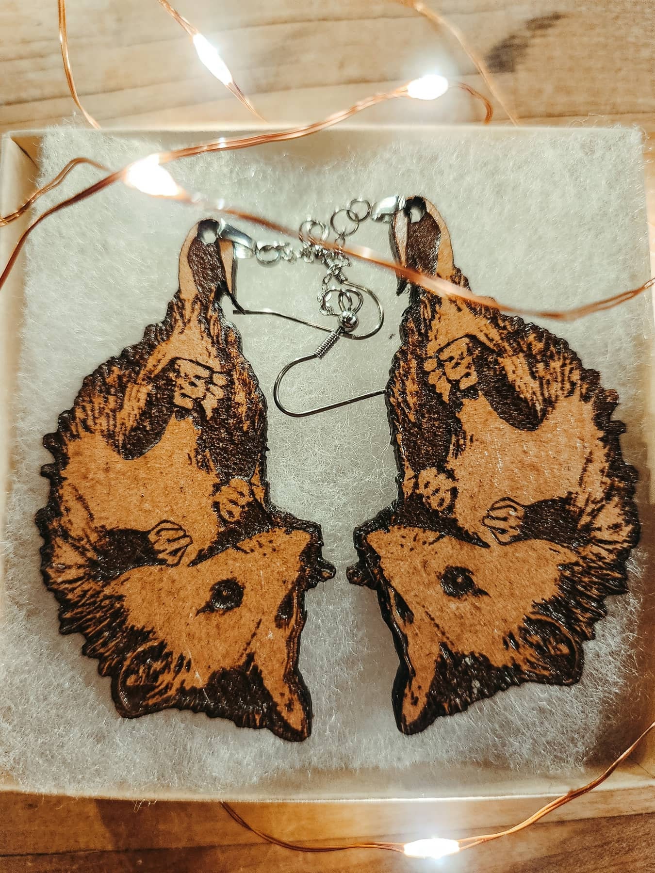 Engraved Possum Earrings: Lightweight Wooden Cottagecore Jewelry - Thumbnail 7