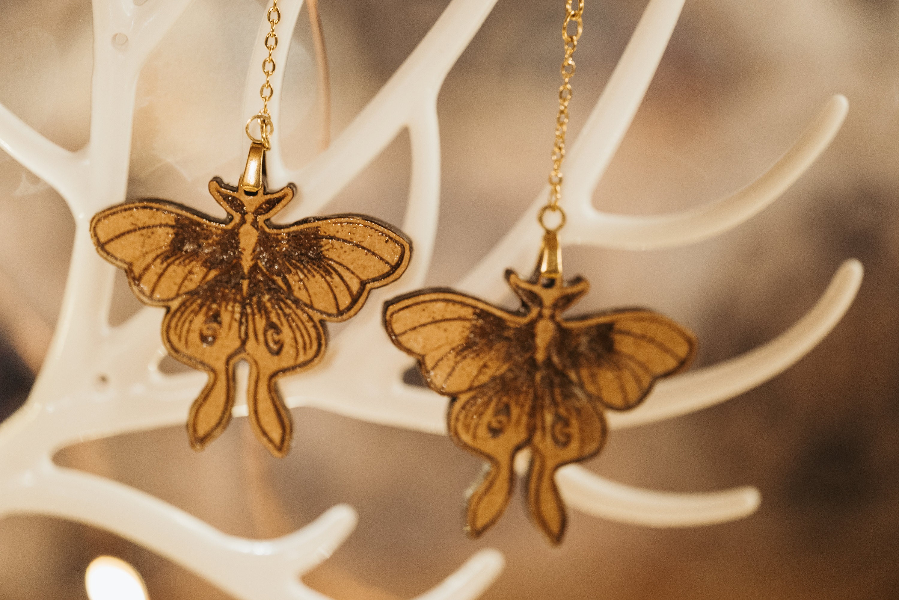 Lunar Moth Earrings: Engraved Wooden Cottagecore Jewelry - Thumbnail 3