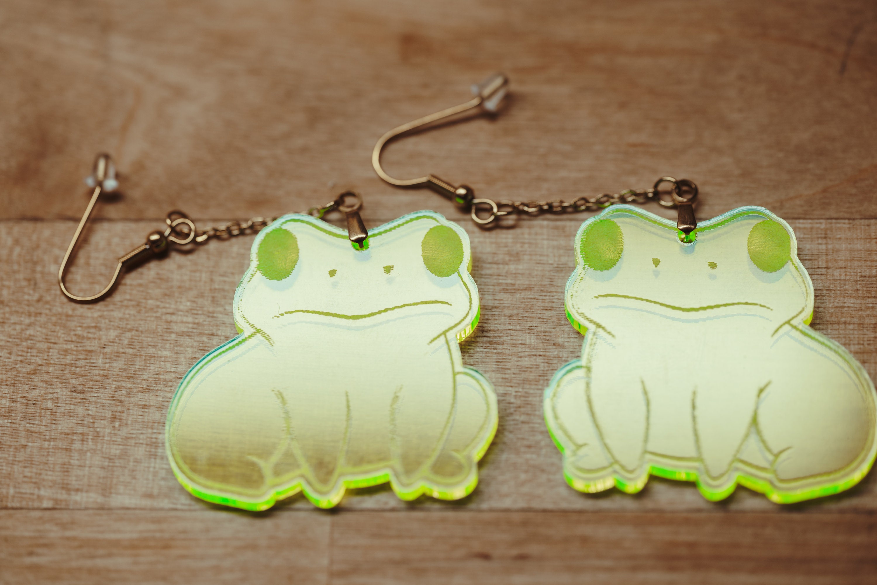 Fluorescent Plexiglass Frog Earrings: Cottagecore Goblincore Jewelry - Thumbnail 2