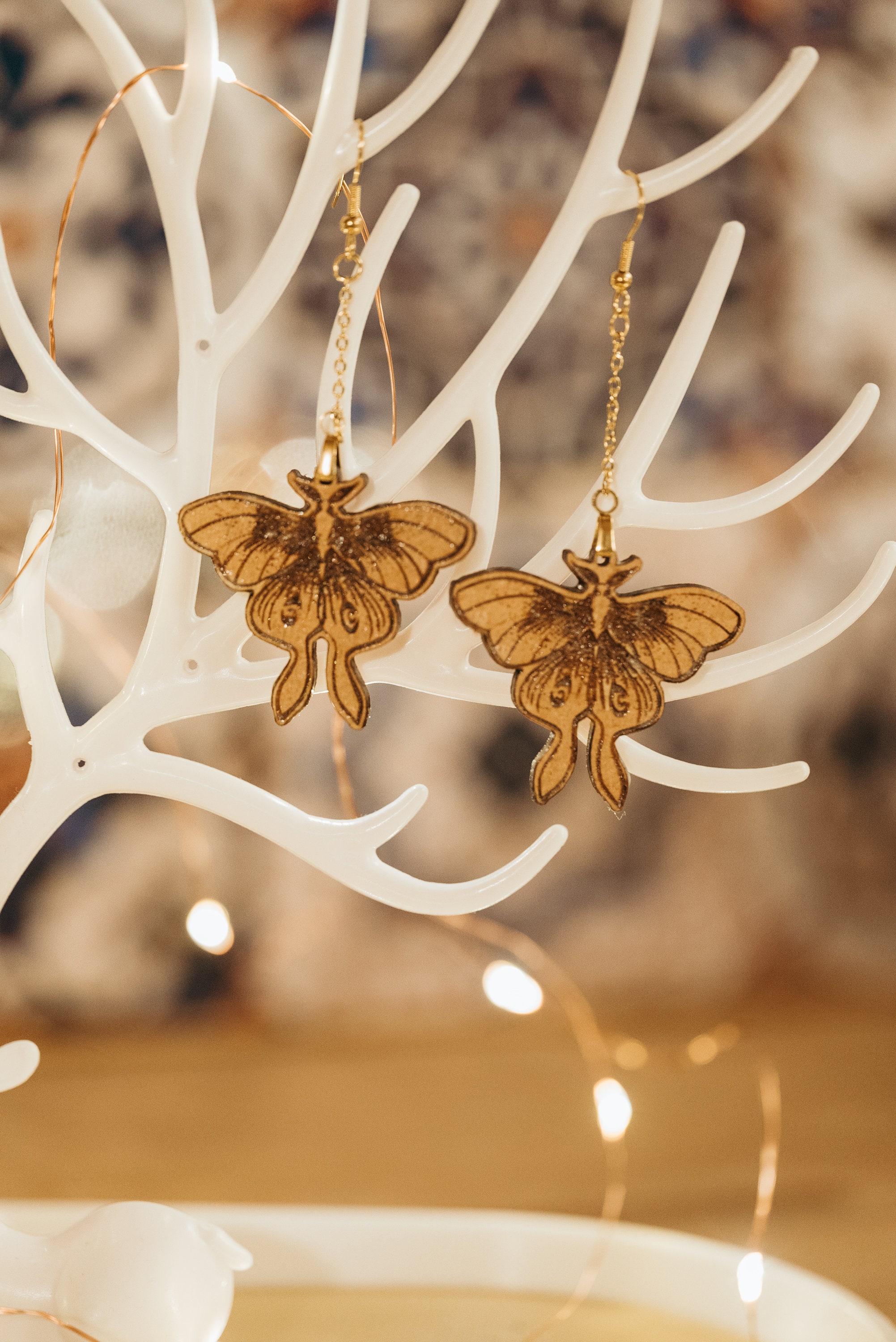 Lunar Moth Earrings: Engraved Wooden Cottagecore Jewelry
