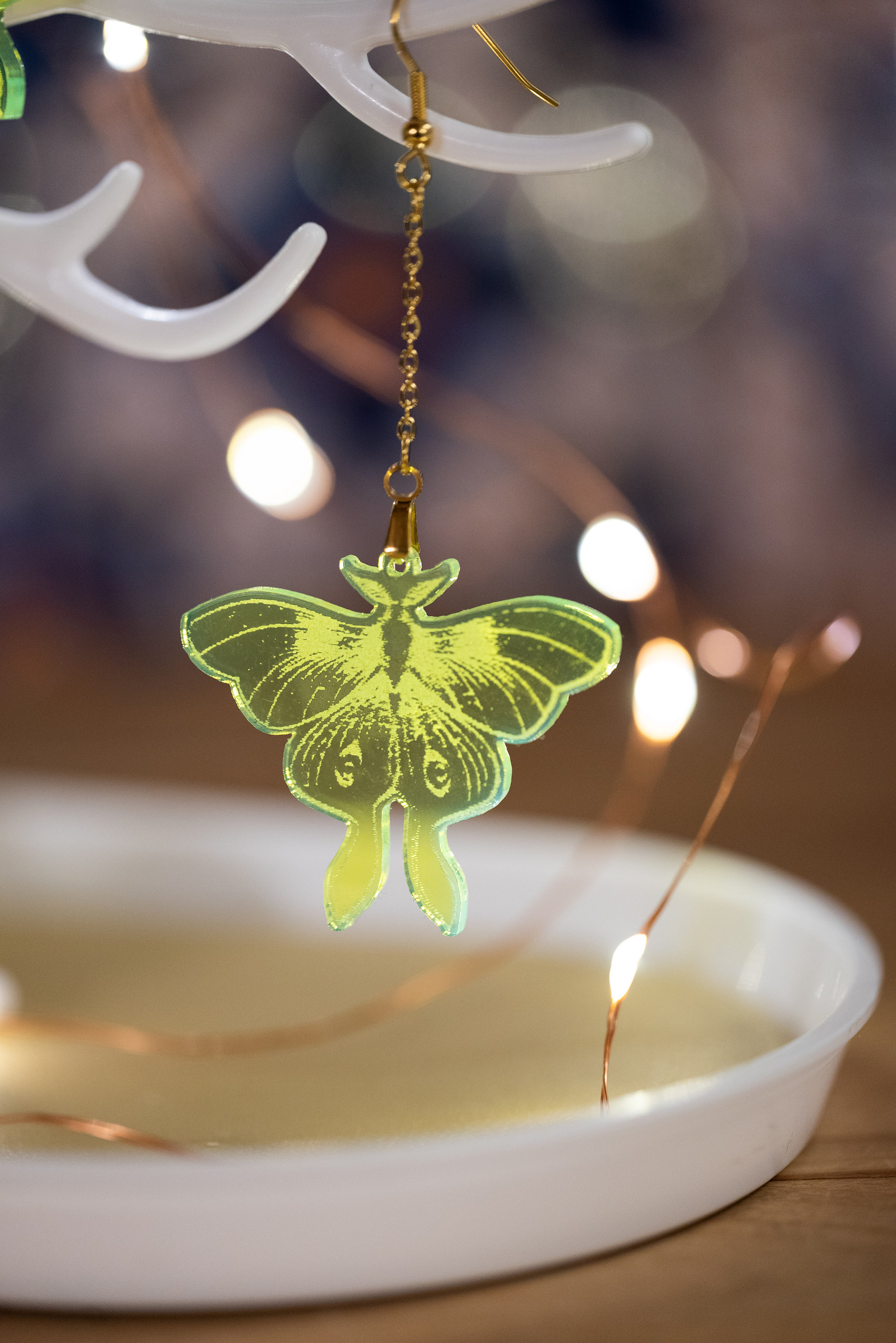 Fluorescent Lunar Moth Earrings: Engraved Plexiglass, Stainless Steel Hooks