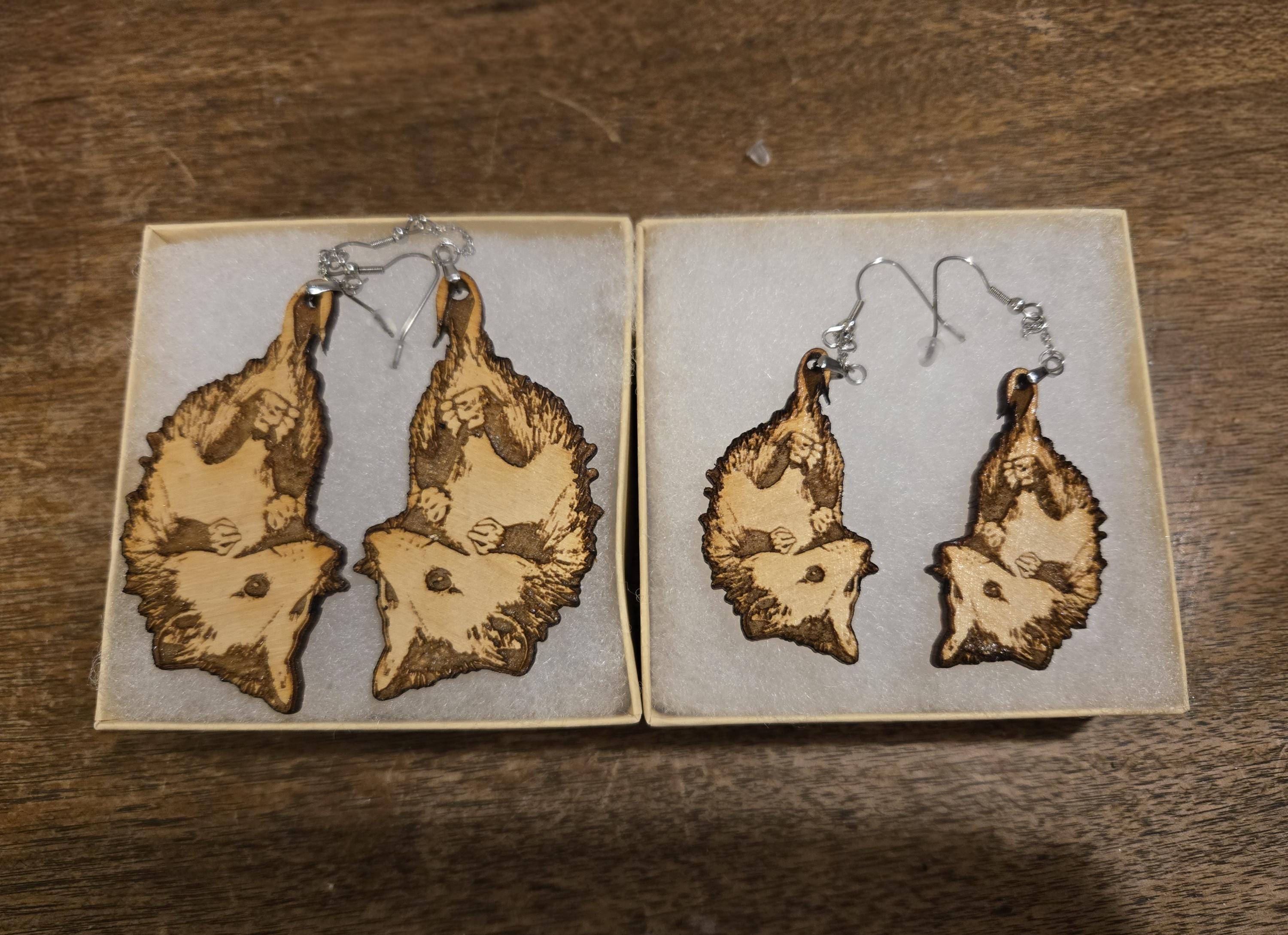 Engraved Possum Earrings: Lightweight Wooden Cottagecore Jewelry - Thumbnail 2