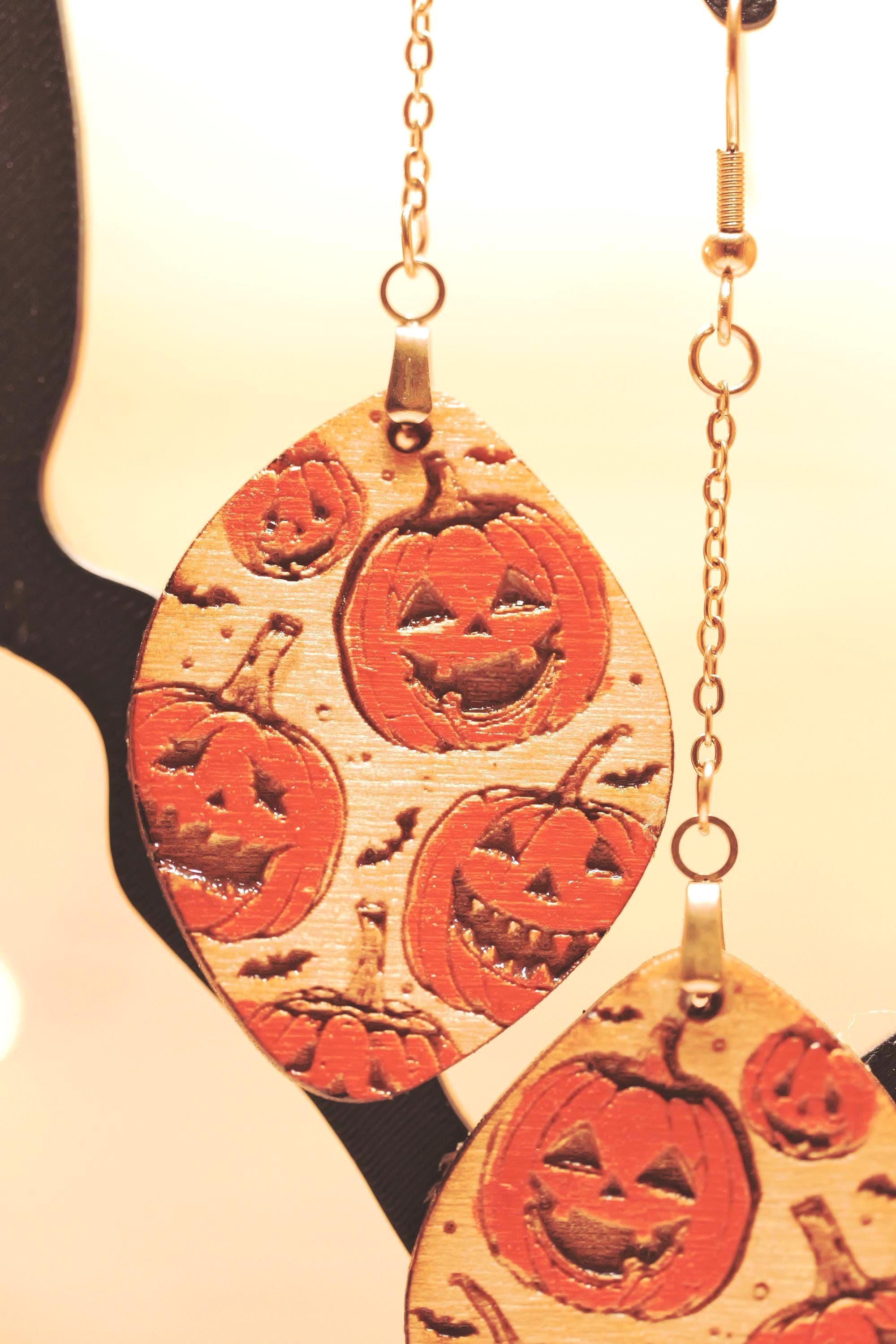 Pumpkin Patch Jack O Lantern Teardrop Dangle Earrings | Hand-Painted Autumn Wood Jewelry - Thumbnail 4