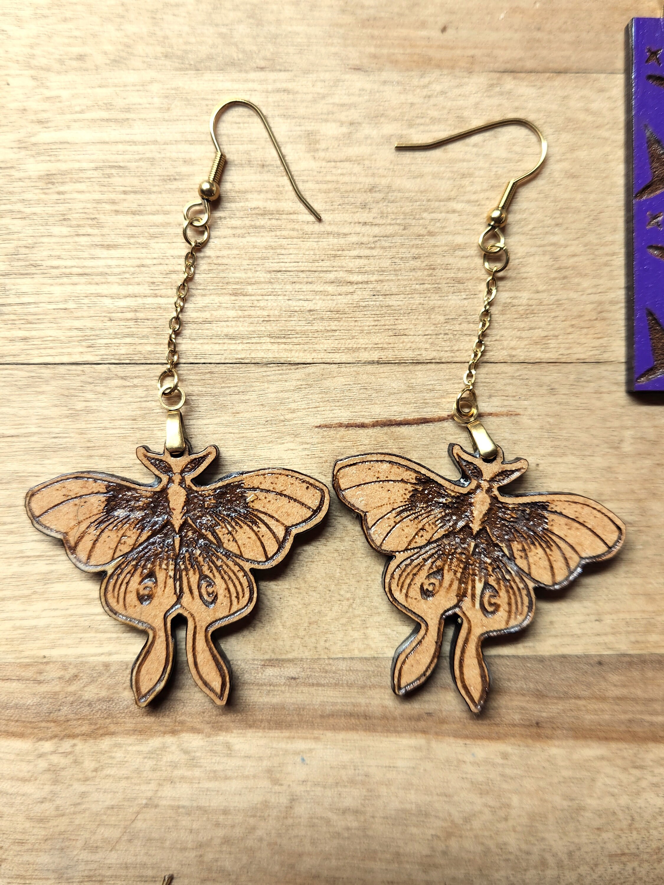 Lunar Moth Earrings: Engraved Wooden Cottagecore Jewelry - Thumbnail 5