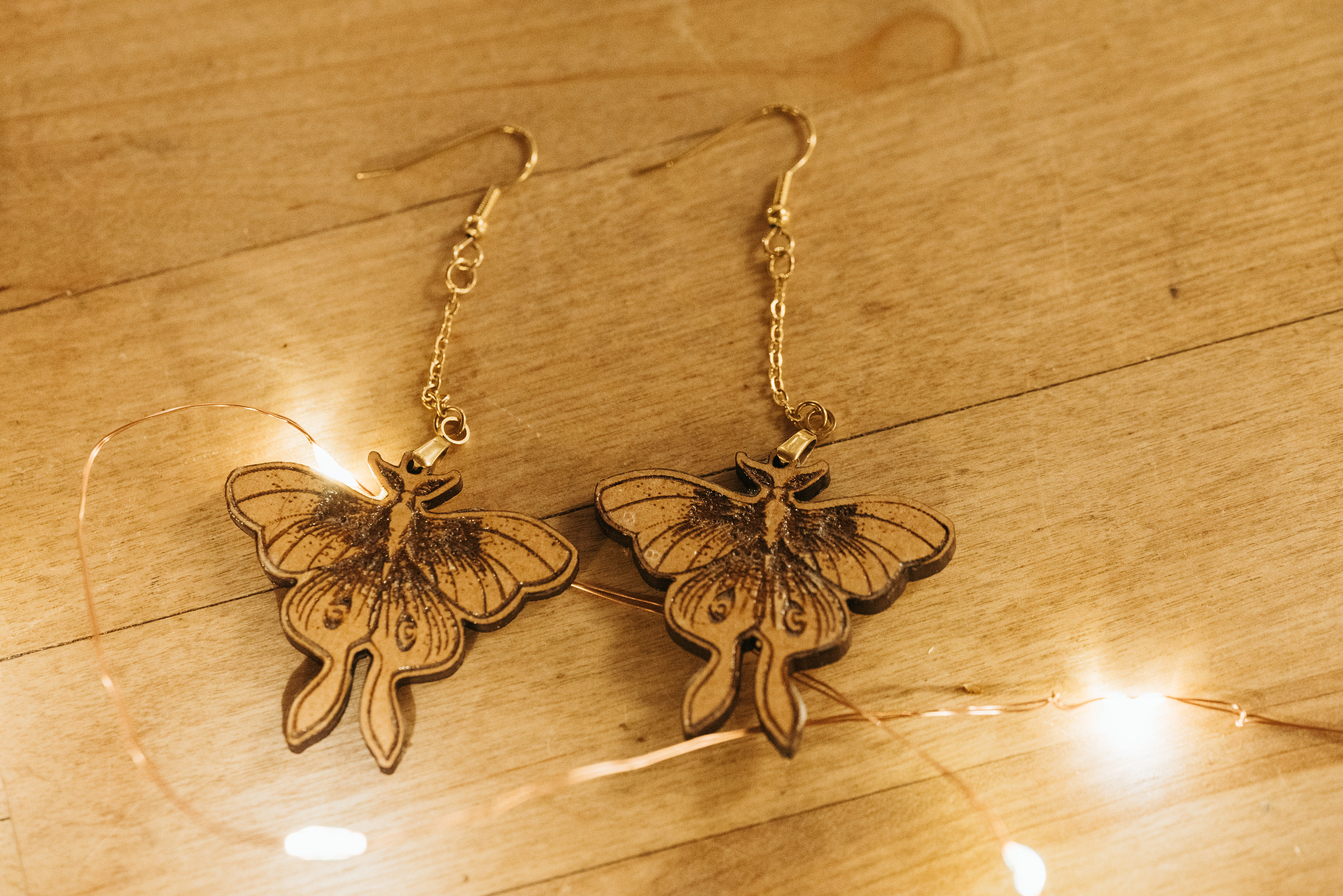 Lunar Moth Earrings: Engraved Wooden Cottagecore Jewelry - Thumbnail 2