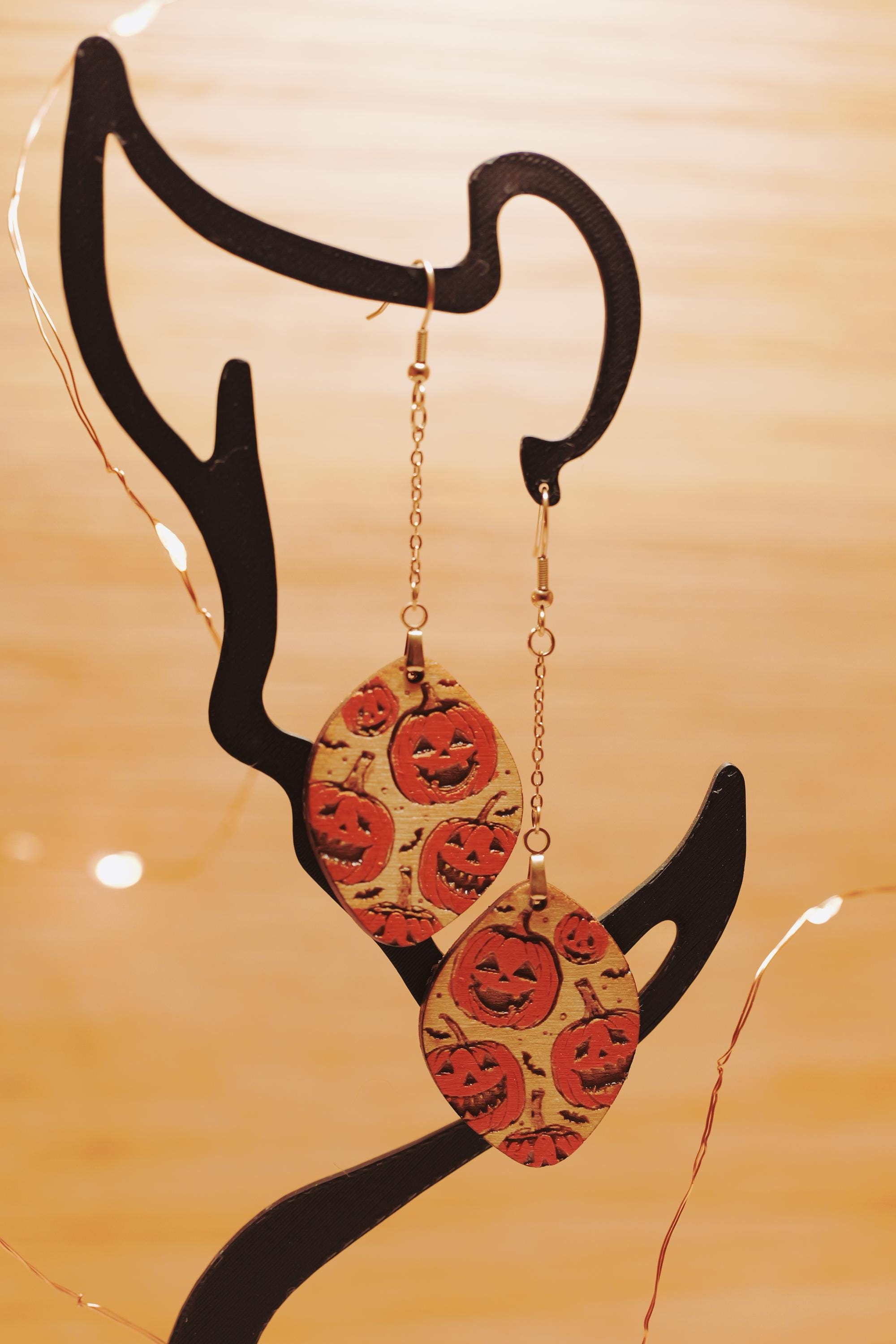 Pumpkin Patch Jack O Lantern Teardrop Dangle Earrings | Hand-Painted Autumn Wood Jewelry - Thumbnail 2
