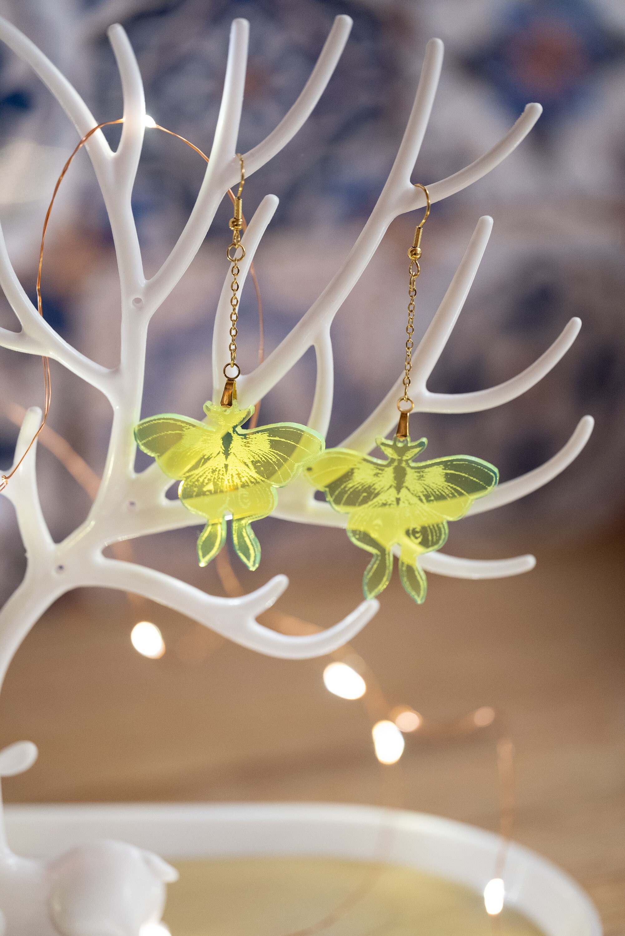 Fluorescent Lunar Moth Earrings: Engraved Plexiglass, Stainless Steel Hooks - Thumbnail 2