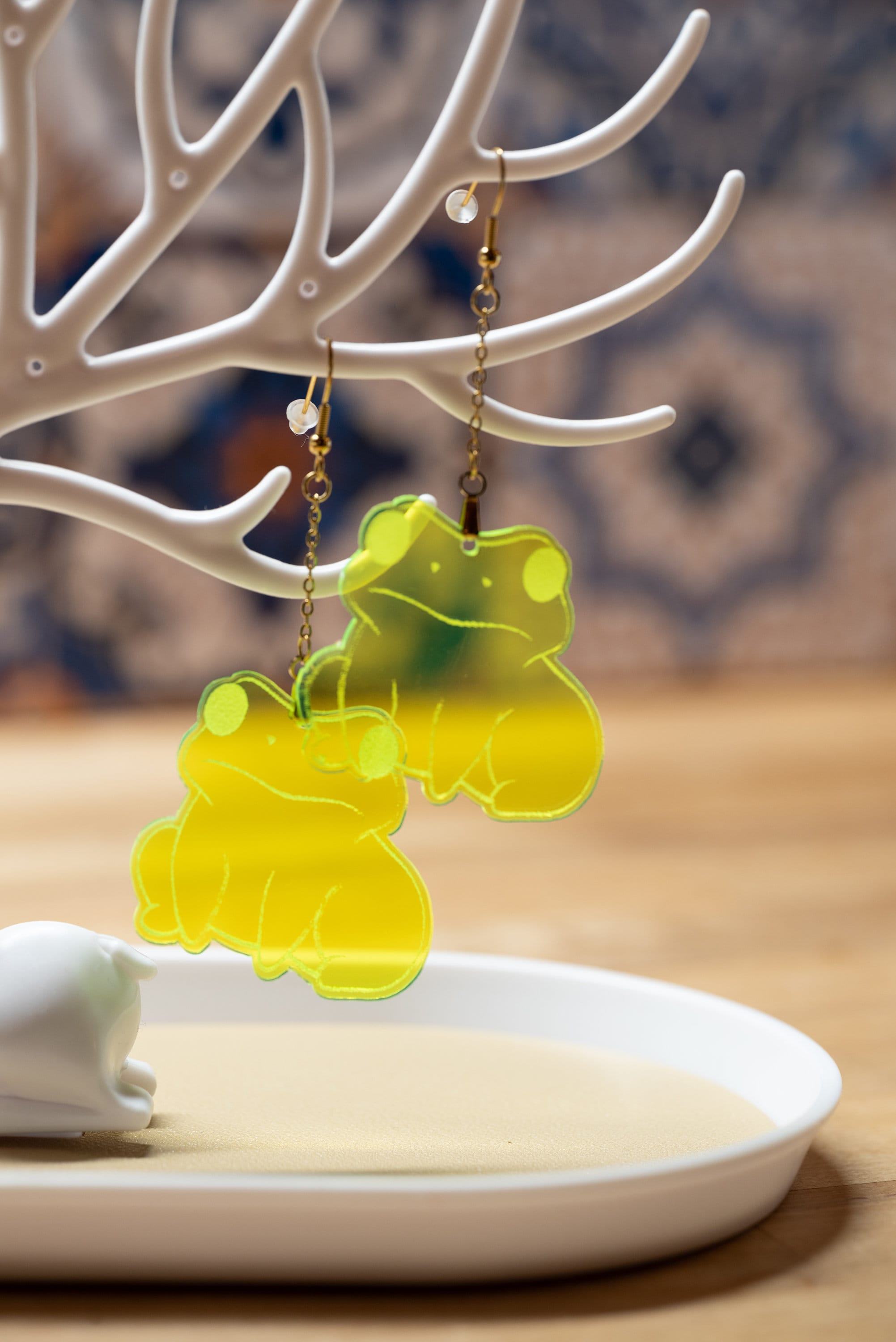 Fluorescent Plexiglass Frog Earrings: Cottagecore Goblincore Jewelry - Thumbnail 3