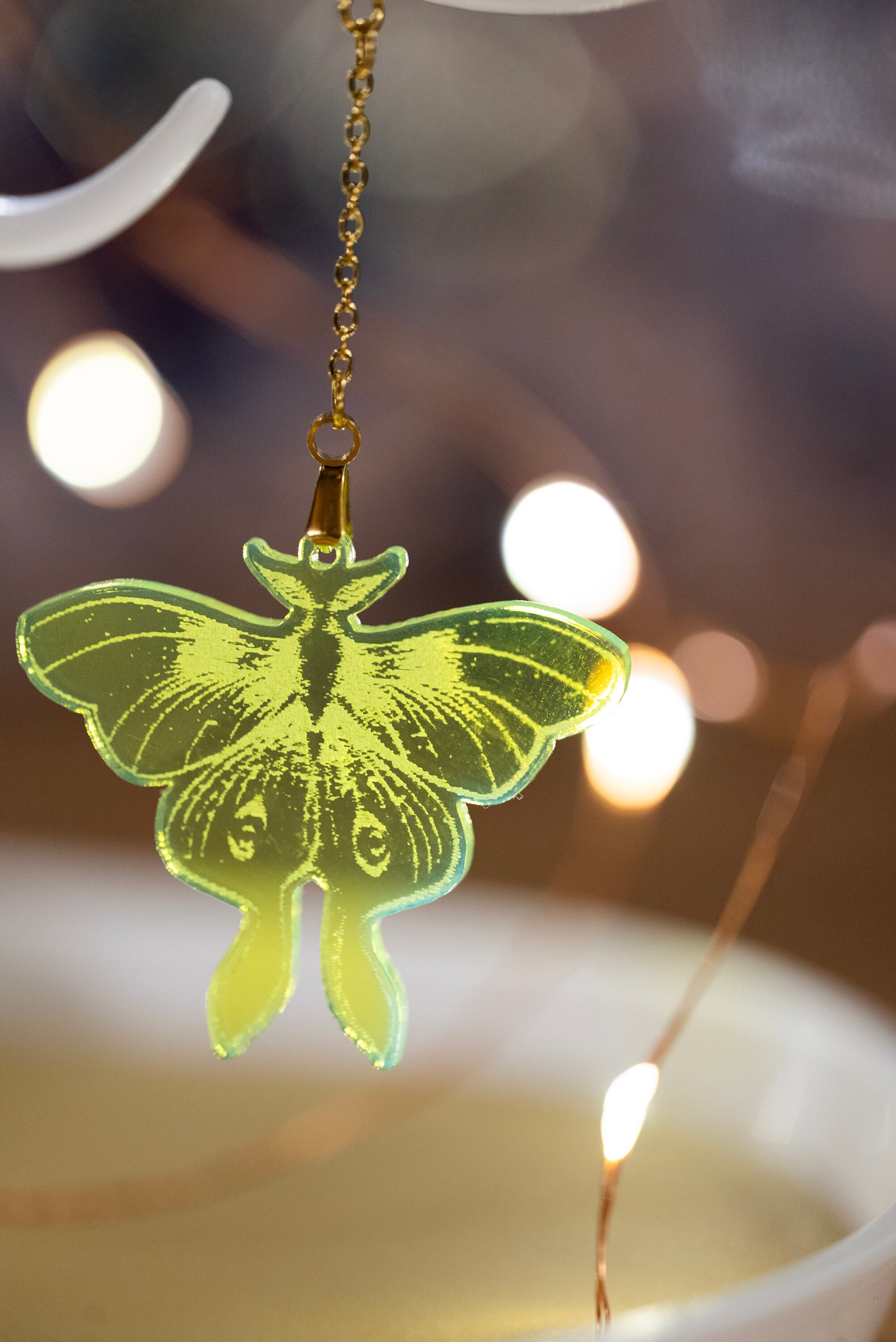 Fluorescent Lunar Moth Earrings: Engraved Plexiglass, Stainless Steel Hooks - Thumbnail 4