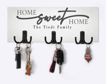 Personalized Wood Key Hanger for Wall, Custom Family Name Key Holder, Last Name Key Hook Couple Gift, Housewarming Gift Home Sweet Home KH01
