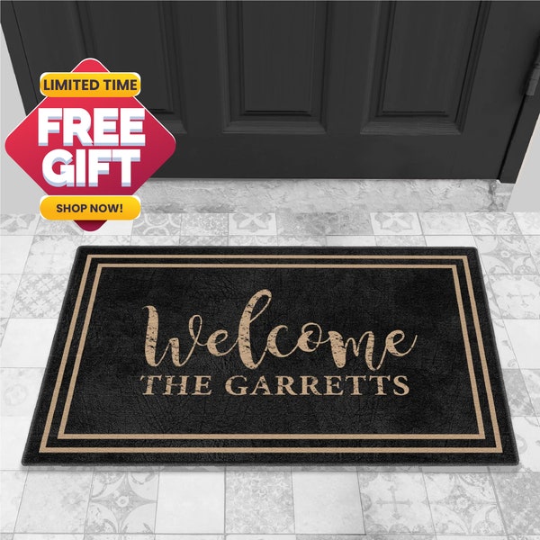 Personalized Family Name Welcome Indoor Doormat Framed Black , Housewarming Gift, Custom Welcome Mat, Family Name Doormat DM01-057