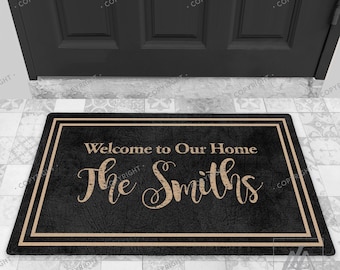 Welcome to Our Home Family Name Personalized Indoor Doormat Framed Black , Housewarming Gift, Custom Family Name Welcome Mat DM01-002