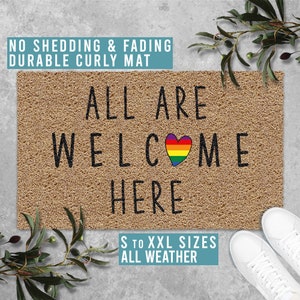 All Are Welcome Here Doormat Pride LGBT Love Wins Funny Welcome Door Mat Housewarming Gift All Weather Durable Curly Mat SM0020 3