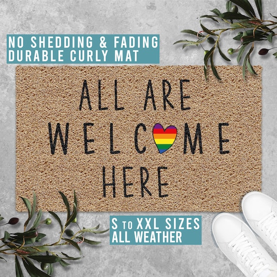 All Are Welcome Here Doormat Pride LGBT Love Wins Funny Welcome Door Mat Housewarming Gift All Weather Durable Curly Mat SM0020