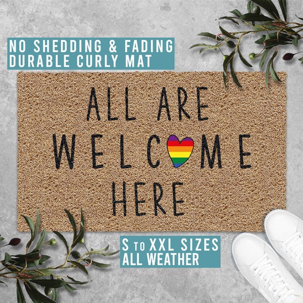 All Are Welcome Here Doormat Pride LGBT Love Wins Funny Welcome Door Mat Housewarming Gift All Weather Durable Curly Mat SM0020