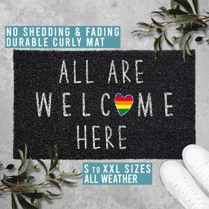 All Are Welcome Here Doormat Pride LGBT Love Wins Funny Welcome Door Mat Housewarming Gift All Weather Durable Curly Mat SM0020 1