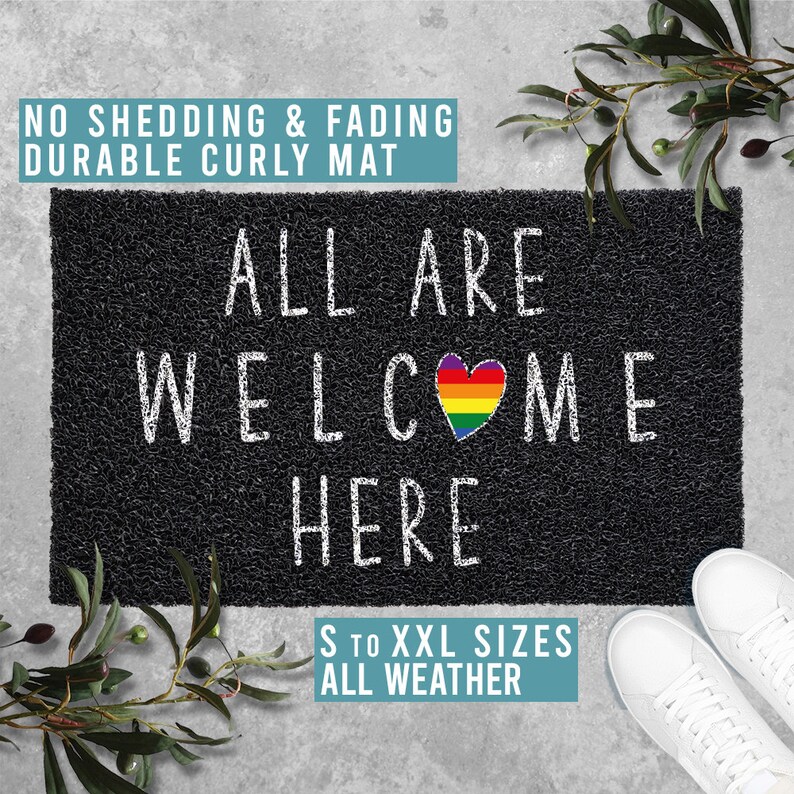 All Are Welcome Here Doormat Pride LGBT Love Wins Funny Welcome Door Mat Housewarming Gift All Weather Durable Curly Mat SM0020 1