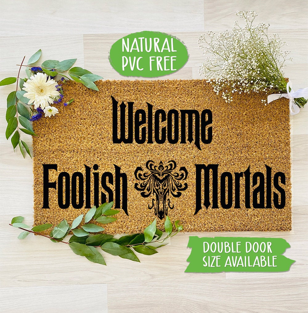 Welcome Foolish Mortals Doormat Black And White Skull Damask Haunted