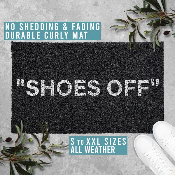 SHOES OFF Hype Black White Doormat Welcome Mat Funny Doormat Housewarming Gift All Weather Durable Curly Mat SM0001