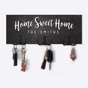 Personalized Wood Key Hanger for Wall, Custom Family Name Key Holder, Last Name Key Hook Couple Gift, Housewarming Gift Home Sweet Home KH02