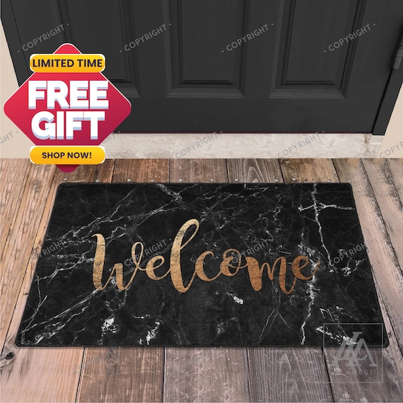 Welcome Please Black Marble Indoor Doormat, Welcome Mat