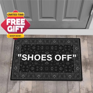 SHOES OFF Black White Indoor Doormat, Hype Welcome Mat, Housewarming Gift, Funny Door Mat, Kilim Look Doormat DM09-003