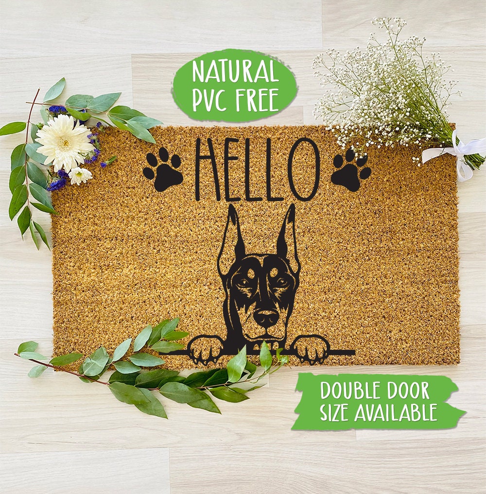 Hello Doberman Pinscher Paw Doormat Cat Dog Welcome Mat Funny Door Mat, Farmhouse Outdoor Custom Doormat, Housewarming Gift CC329