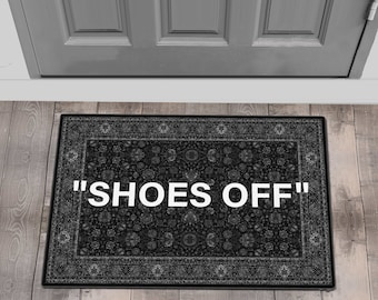 SHOES OFF Black White Indoor Doormat, Hype Welcome Mat, Housewarming Gift, Funny Door Mat, Kilim Look Doormat DM09-003