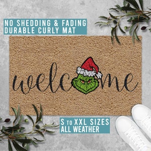 Welcome The Grinch Doormat Merry Grinchmas Christmas Doormat Funny Welcome Mat Christmas Holiday Gift All Weather Durable Curly Mat SM0084