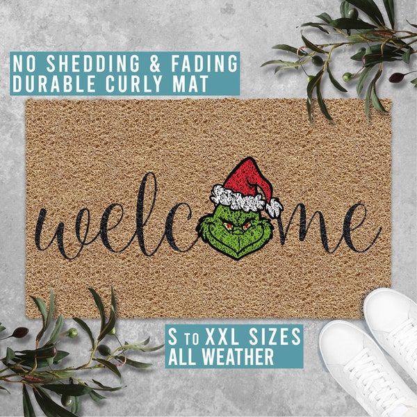 Welcome The Grinch Doormat Merry Grinchmas Christmas Doormat Funny Welcome Mat Christmas Holiday Gift All Weather Durable Curly Mat SM0084