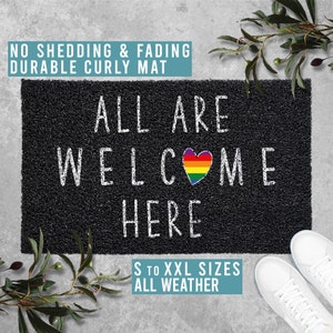 All Are Welcome Here Doormat Pride LGBT Love Wins Funny Welcome Door Mat Housewarming Gift All Weather Durable Curly Mat SM0020