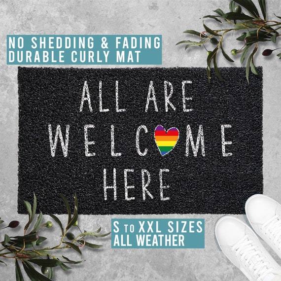 All Are Welcome Here Doormat Pride LGBT Love Wins Funny Welcome Door Mat Housewarming Gift All Weather Durable Curly Mat SM0020