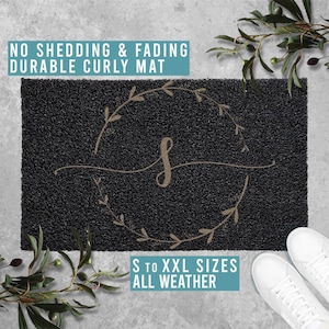 Monogram Family Name Initial Garland Wreath Doormat Personalized Welcome Funny Mat Housewarming Gift All Weather Durable Curly Mat SM0203