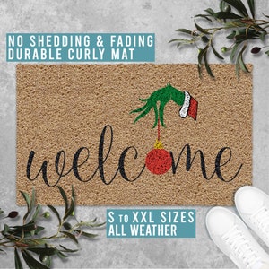 Welcome The Grinch Doormat, Merry Grinchmas Christmas Doormat, Funny Welcome Mat, Grinch Christmas Holiday Gift, Weather Proof Mat SM0085