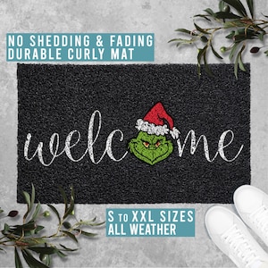 Welcome The Grinch Doormat Merry Grinchmas Christmas Doormat Funny Welcome Mat Christmas Holiday Gift All Weather Durable Curly Mat SM0084