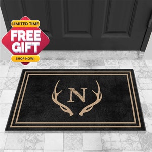 Personalized Antlers Family Name Indoor Doormat Framed Black , Housewarming Gift, Custom Family Name Welcome Mat, Funny Doormat DM01-052