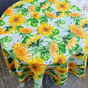 Sunflower Tablecloth – Round Cotton Table Cover – Bright Summer Floral Table Linen – Custom Size Available Oblong tablecloth