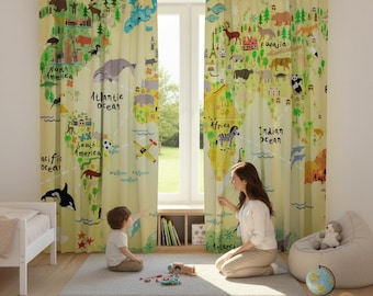 Cortinas para ventanas, cortinas para niños, cortinas para sala de estar, cortinas opacas, cortinas con mapas para niños, cortinas para guardería